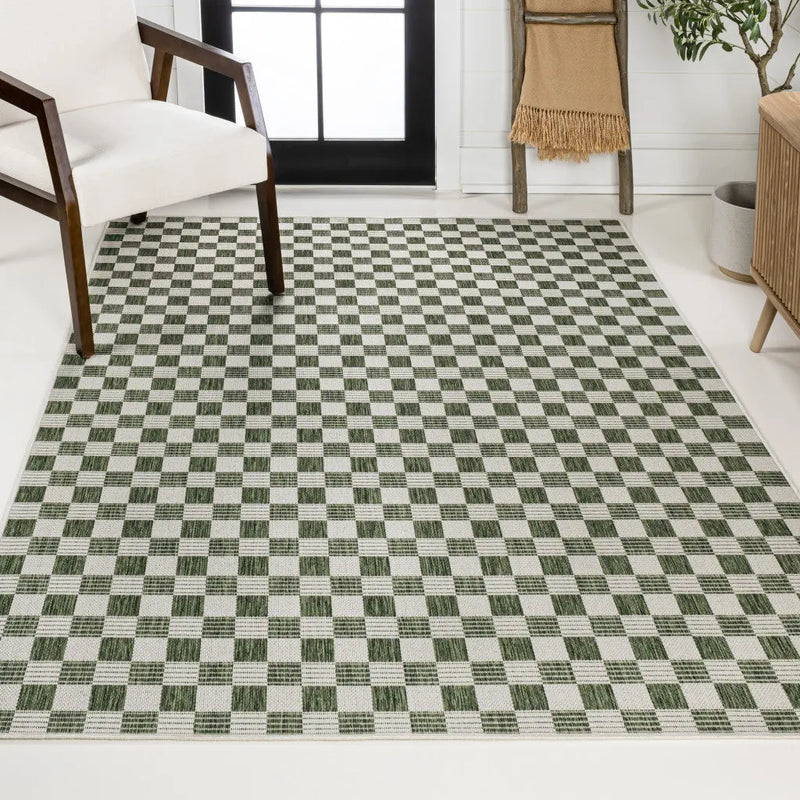 5' X 8' Green And Cream Geometric Indoor Outdoor Area Rug - GreatEagleInc
