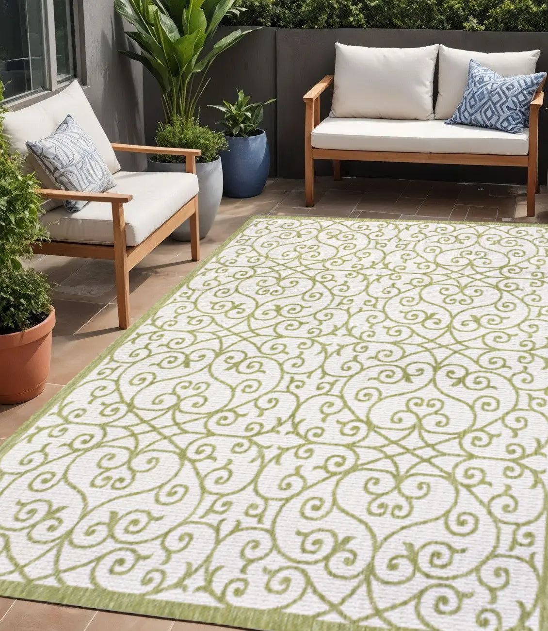 5' X 8' Green And Cream Geometric Indoor Outdoor Area Rug Homeroots Outdoor