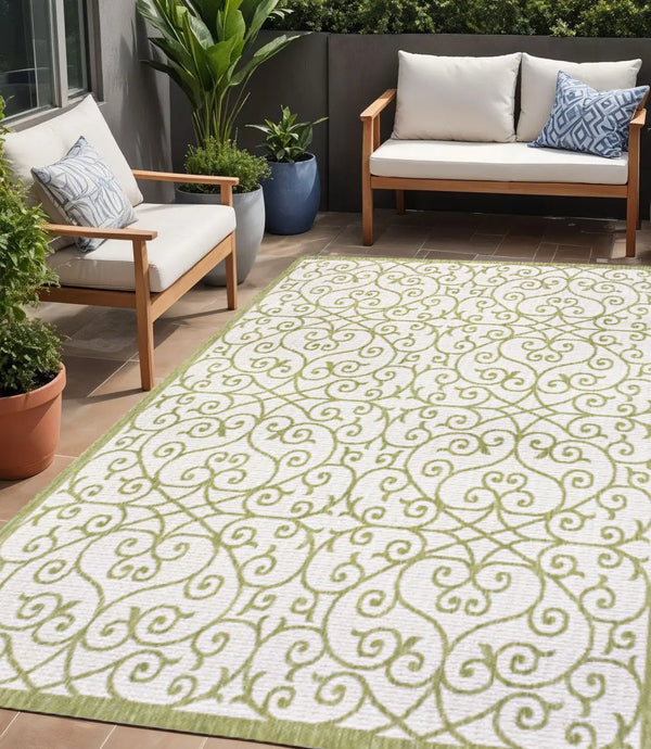 5' X 8' Green And Cream Geometric Indoor Outdoor Area Rug Homeroots Outdoor