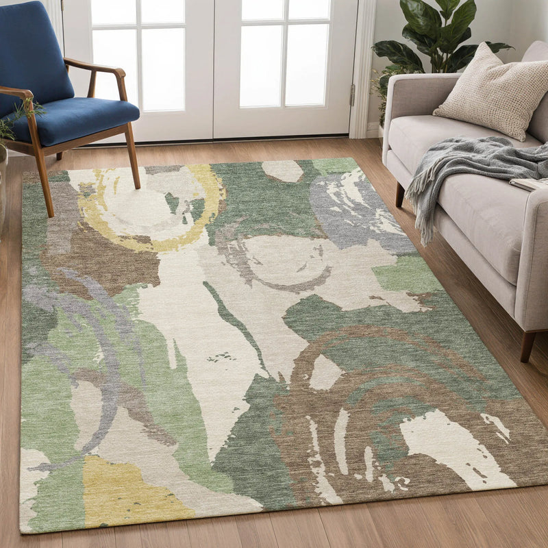 5' X 8' Green And Denim Blue Abstract Washable Indoor Outdoor Area Rug Homeroots Outdoor