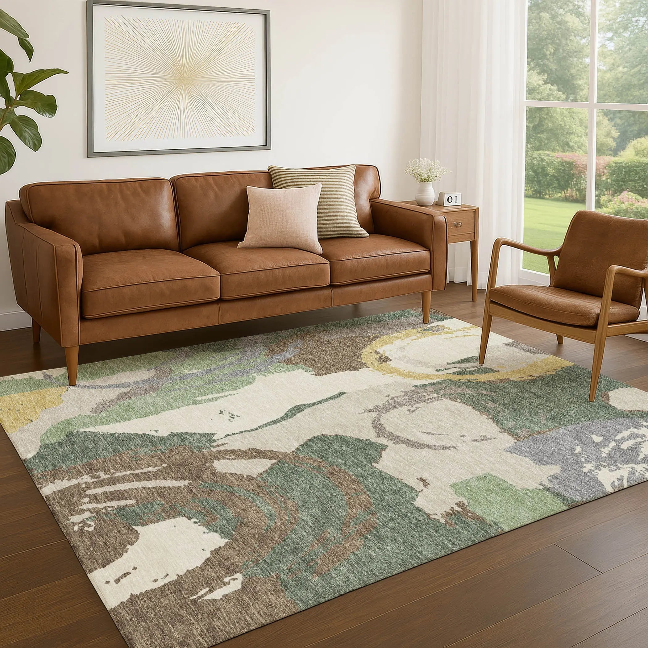 5' X 8' Green And Denim Blue Abstract Washable Indoor Outdoor Area Rug Homeroots Outdoor