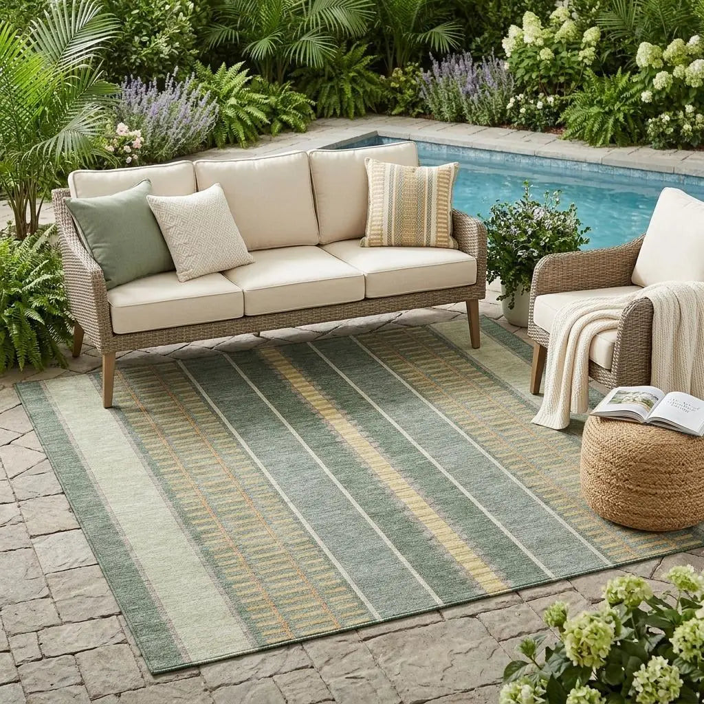 5' X 8' Green And Denim Blue Striped Washable Indoor Outdoor Area Rug Homeroots Outdoor
