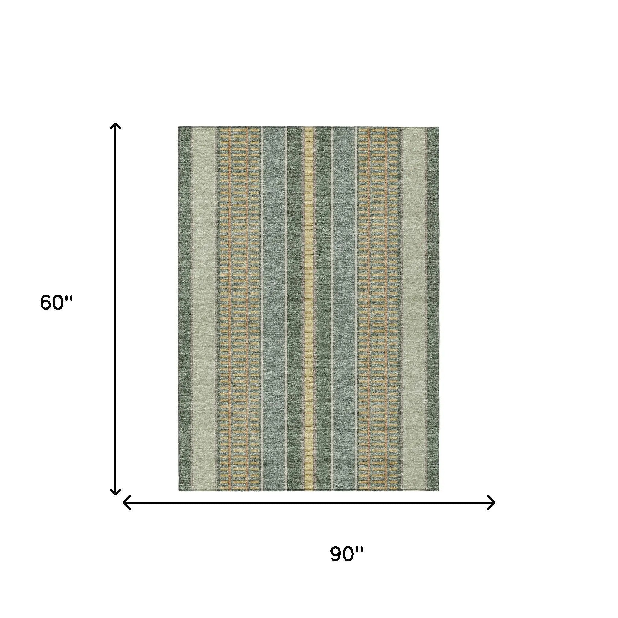 5' X 8' Green And Denim Blue Striped Washable Indoor Outdoor Area Rug Homeroots Outdoor