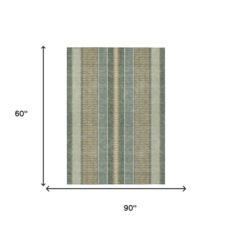 5' X 8' Green And Denim Blue Striped Washable Indoor Outdoor Area Rug Homeroots Outdoor
