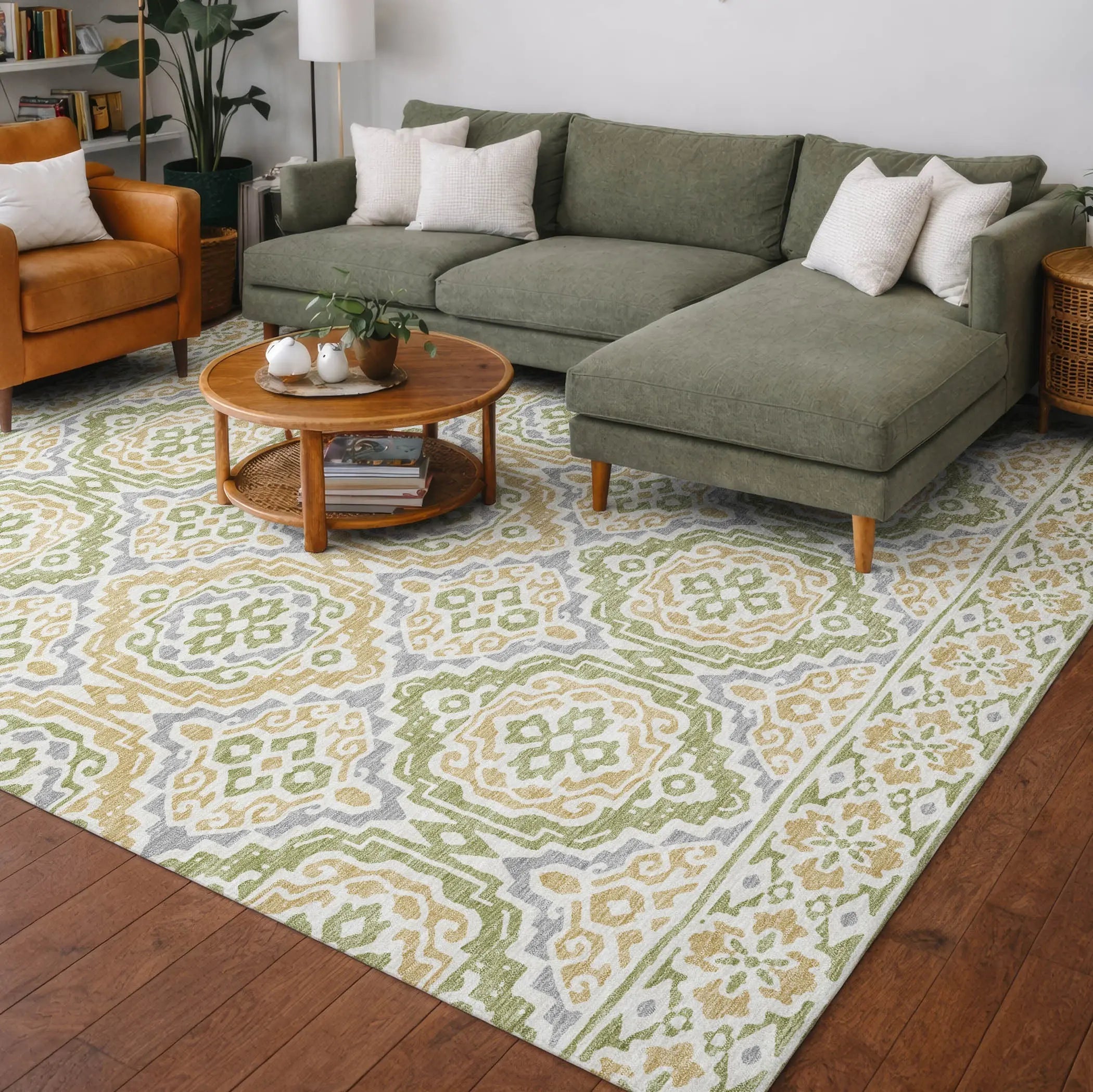 5' X 8' Green And Denim Blue Tribal Washable Indoor Outdoor Area Rug Homeroots Outdoor