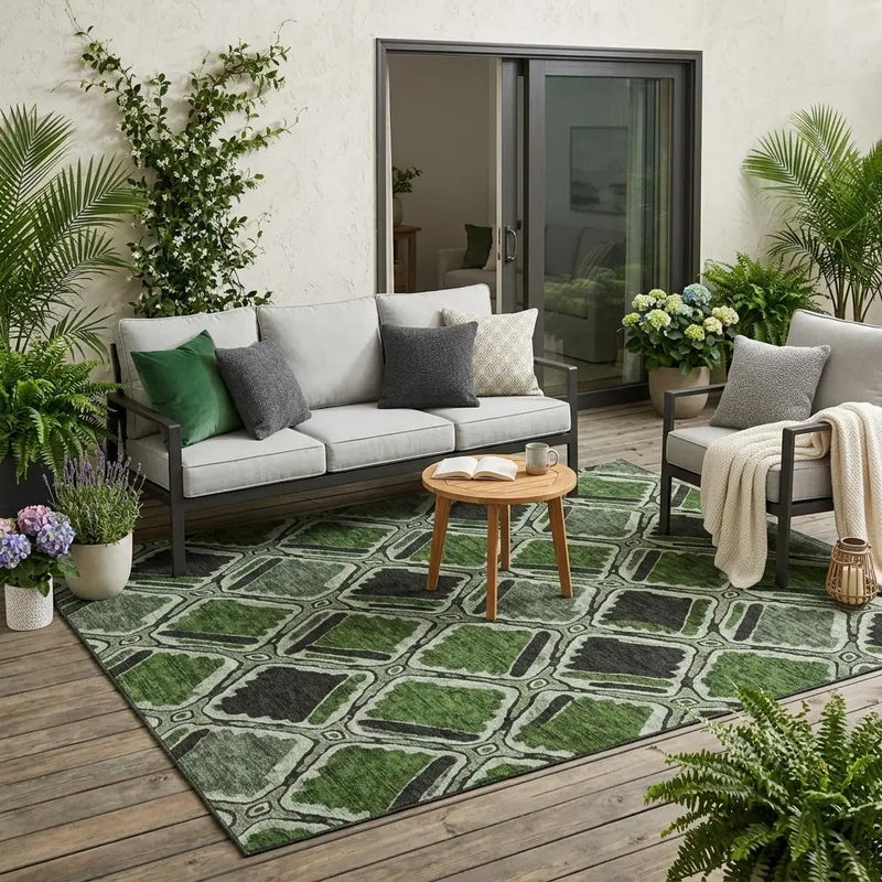 5' X 8' Green And Emerald Geometric Washable Indoor Outdoor Area Rug Homeroots Outdoor