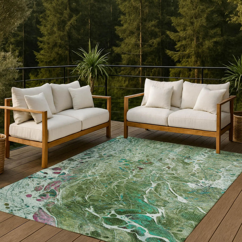 5' X 8' Green And Fern Green Abstract Washable Indoor Outdoor Area Rug Homeroots Outdoor