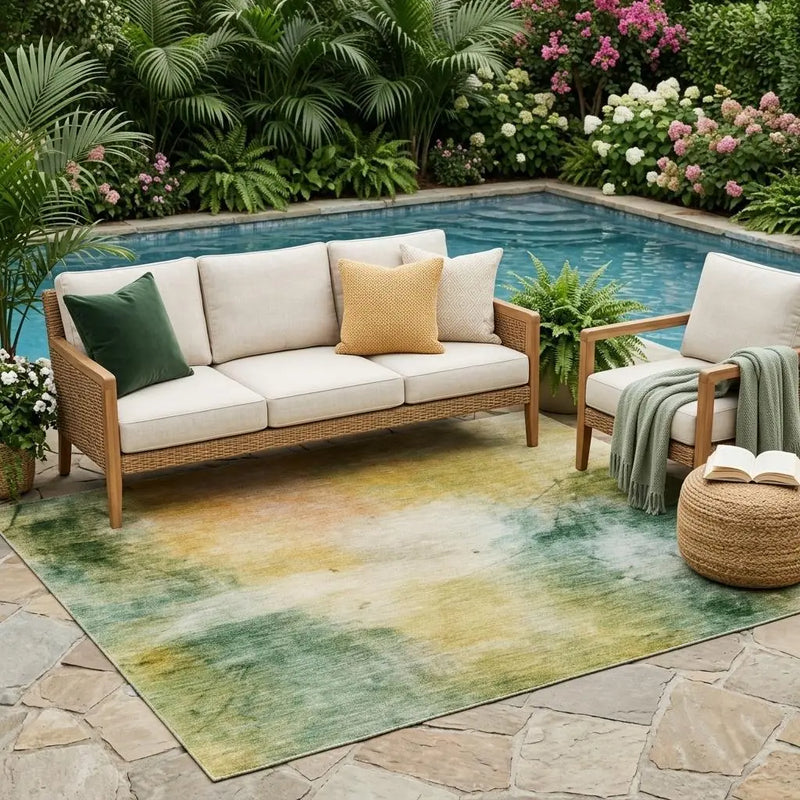 Beige outdoor sofa with green and yellow accent pillows on a colorful area rug by a pool in a lush garden setting.