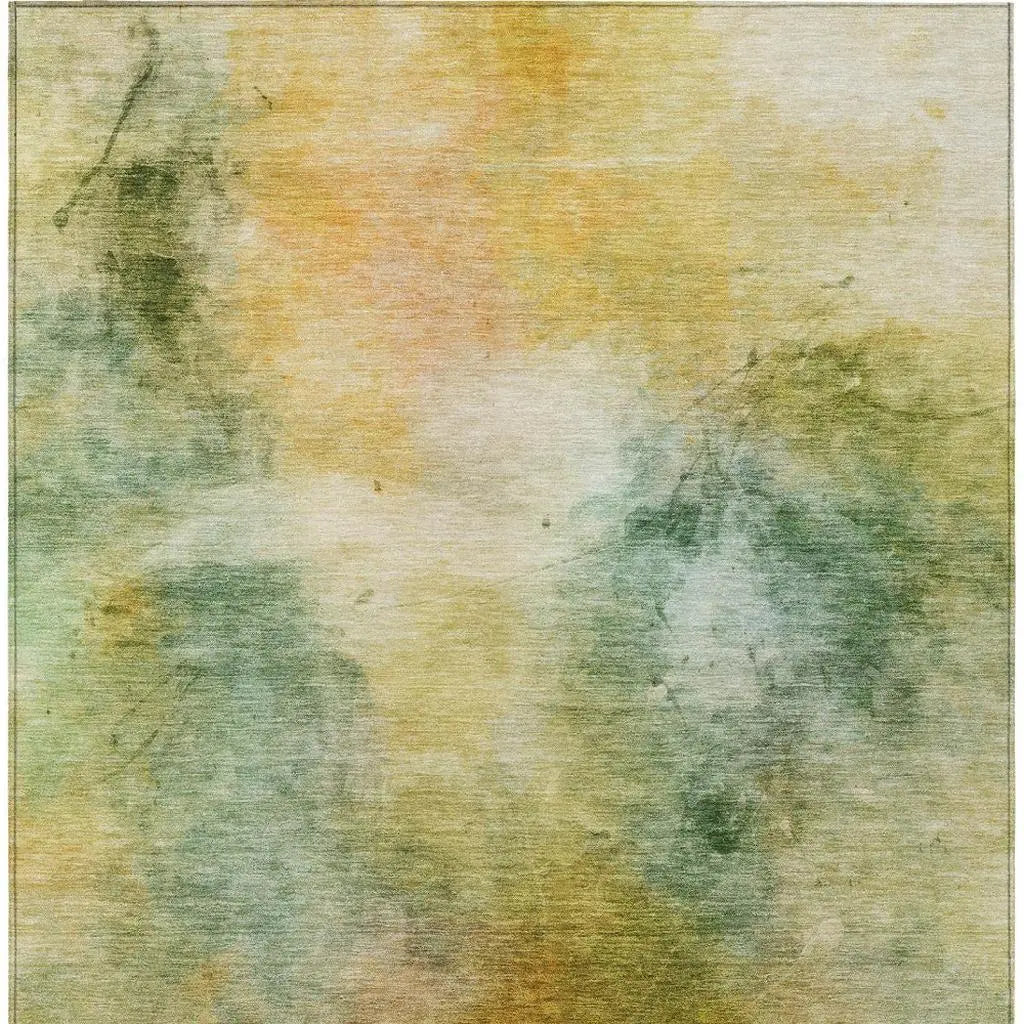 Abstract watercolor rug in soft pastels of yellow, green, and blue, perfect for modern and bohemian decor styles.