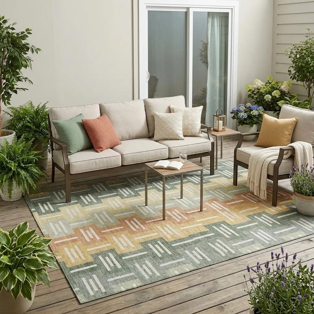5' X 8' Green And Gold Geometric Washable Indoor Outdoor Area Rug Homeroots Outdoor