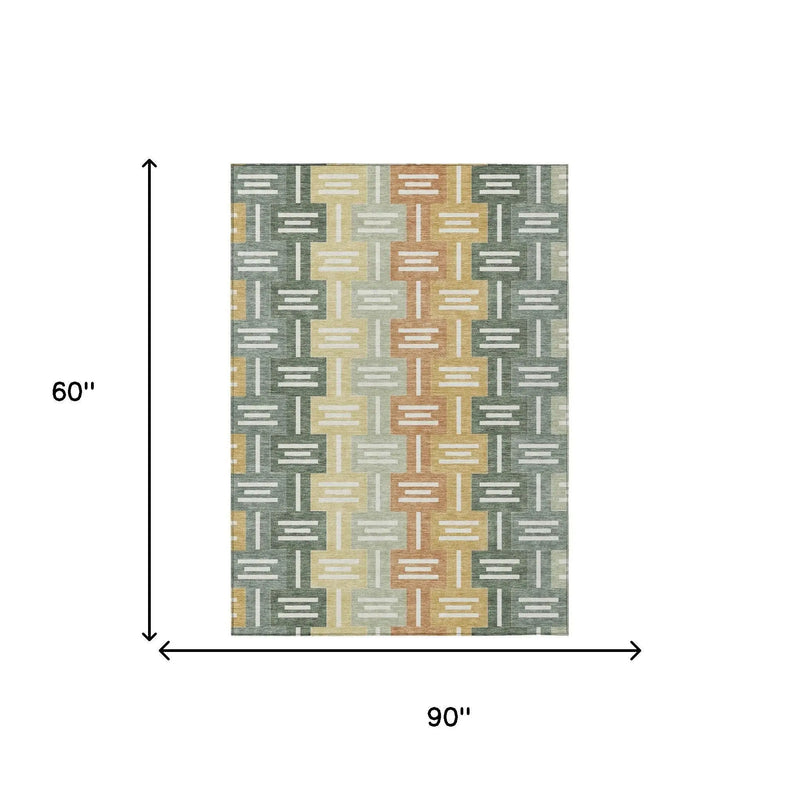 5' X 8' Green And Gold Geometric Washable Indoor Outdoor Area Rug Homeroots Outdoor