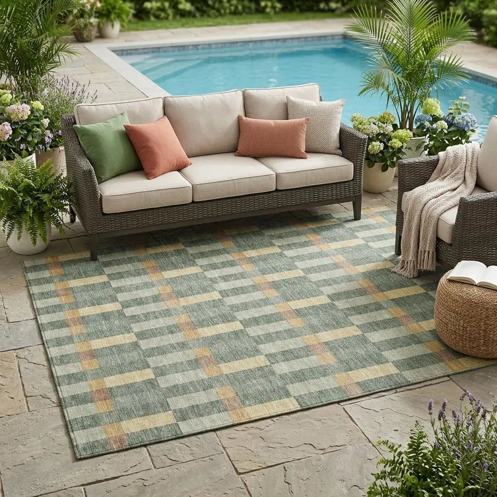 5' X 8' Green And Gold Geometric Washable Indoor Outdoor Area Rug Homeroots Outdoor