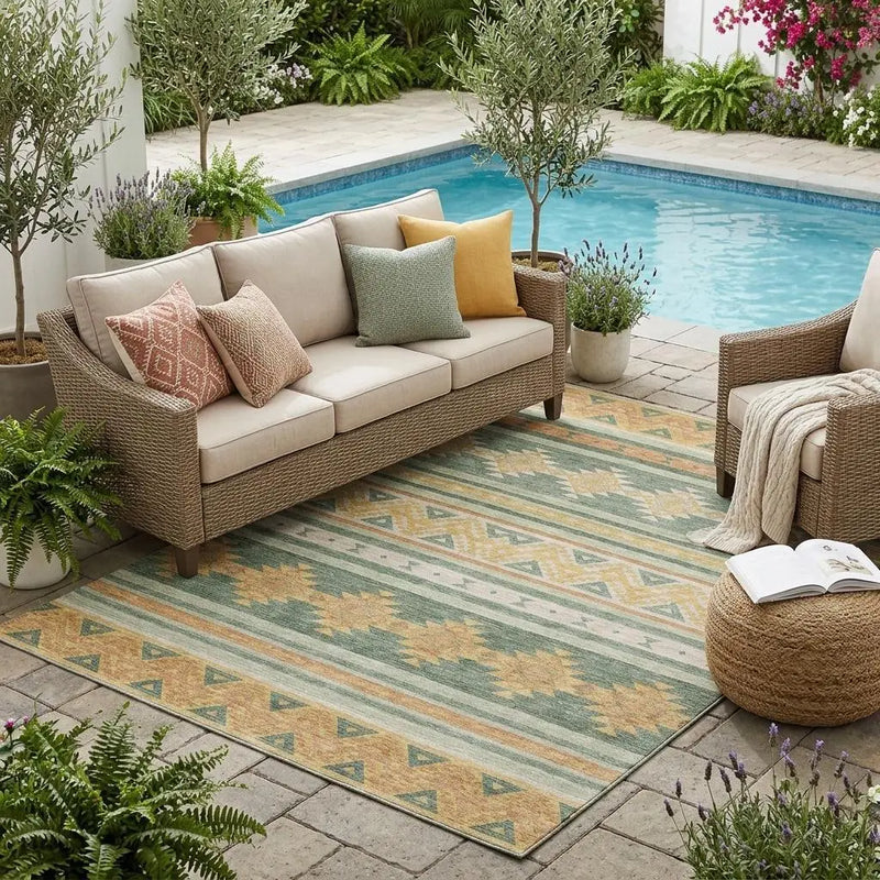 5' X 8' Green And Gold Southwestern Washable Indoor Outdoor Area Rug Homeroots Outdoor