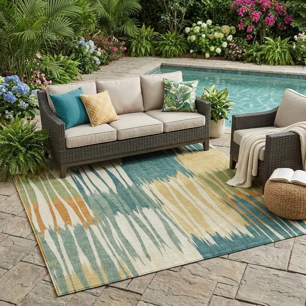 5' X 8' Green And Gold Striped Washable Indoor Outdoor Area Rug Homeroots Outdoor