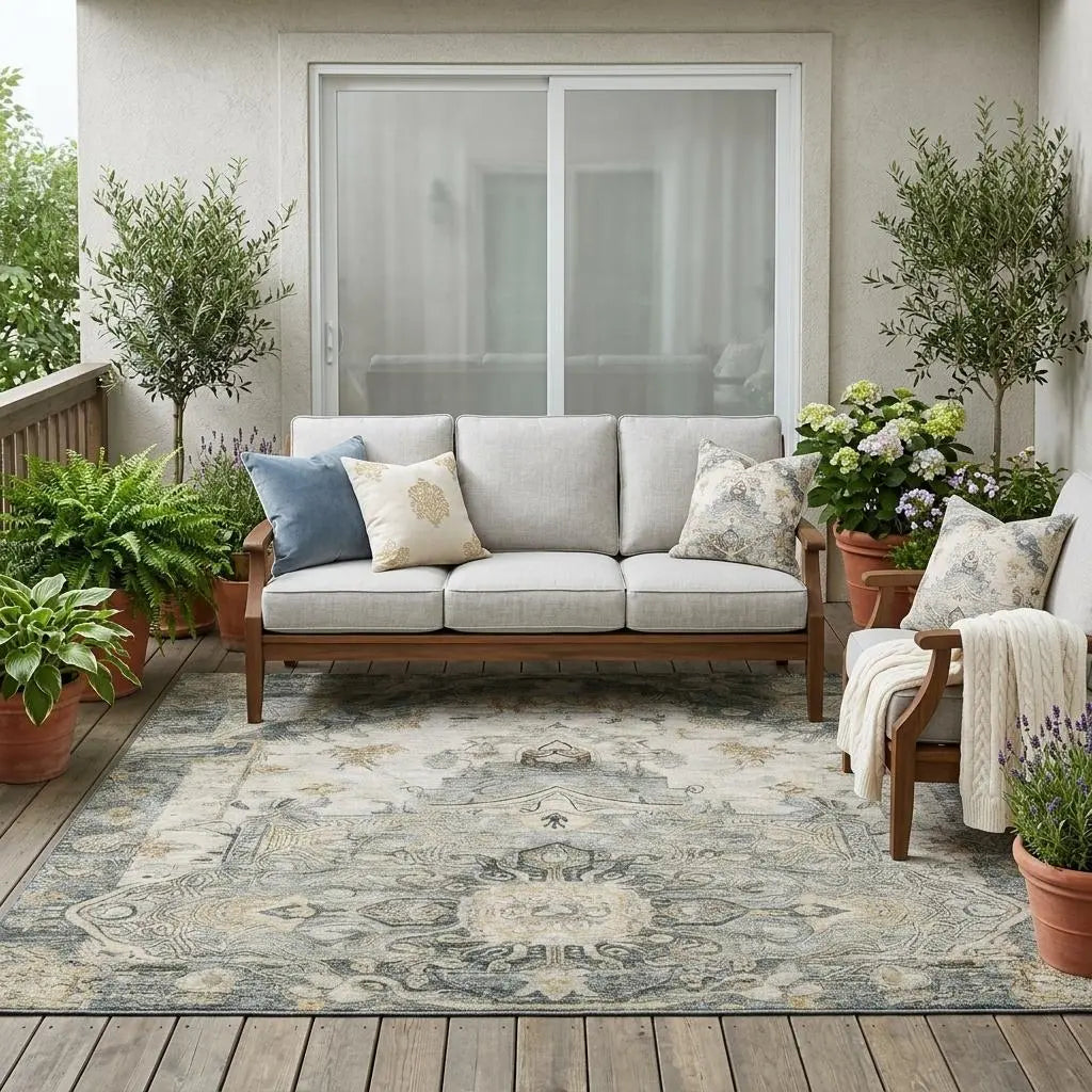 5' X 8' Green And Graphite Floral Medallion Washable Indoor Outdoor Area Rug Homeroots Outdoor