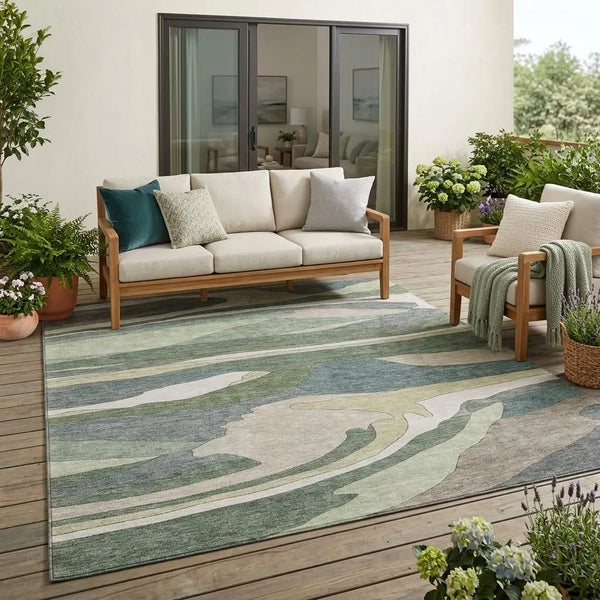 5' X 8' Green And Gray Abstract Washable Indoor Outdoor Area Rug Homeroots Outdoor