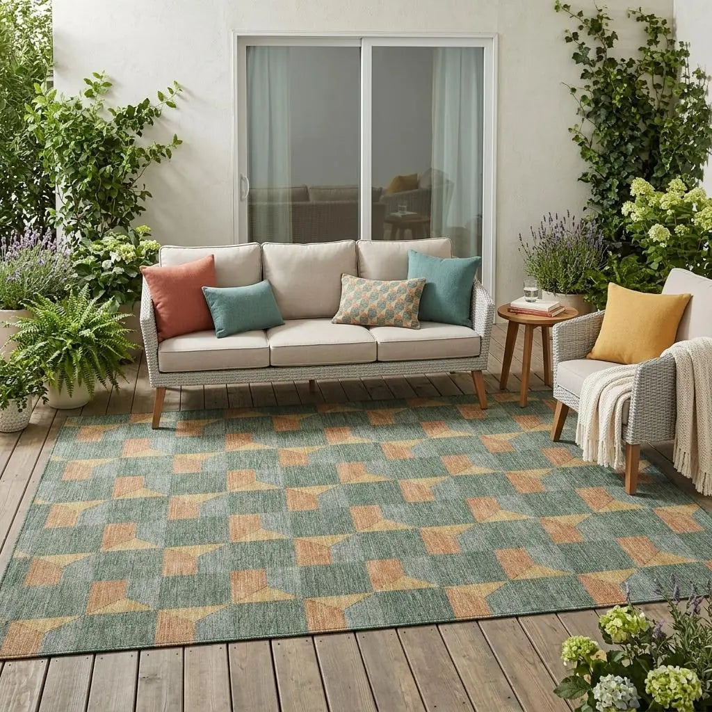 5' X 8' Green And Gray Geometric Washable Indoor Outdoor Area Rug Homeroots Outdoor