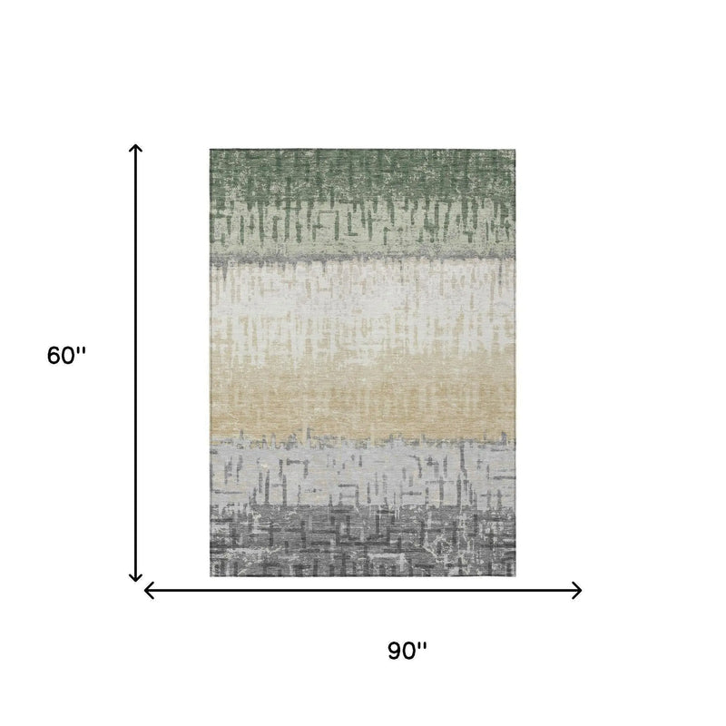 5' X 8' Green And Gray Striped Washable Indoor Outdoor Area Rug Homeroots Outdoor