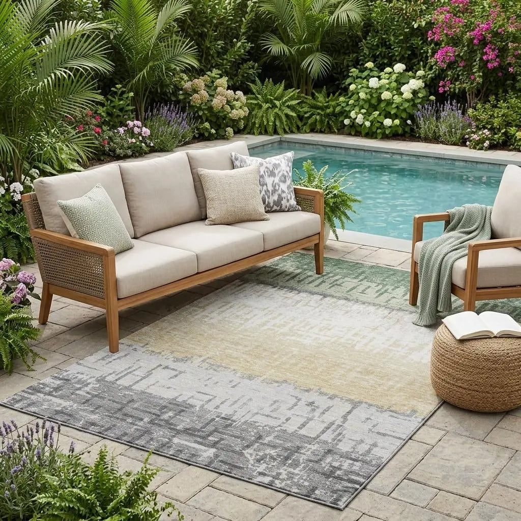 5' X 8' Green And Gray Striped Washable Indoor Outdoor Area Rug Homeroots Outdoor