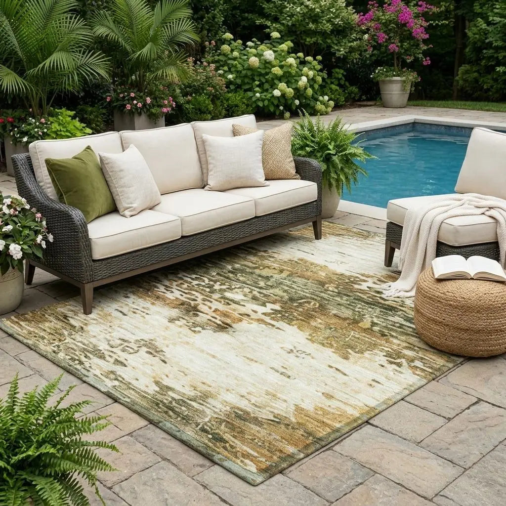 5' X 8' Green And Ivory Abstract Washable Indoor Outdoor Area Rug Homeroots Outdoor