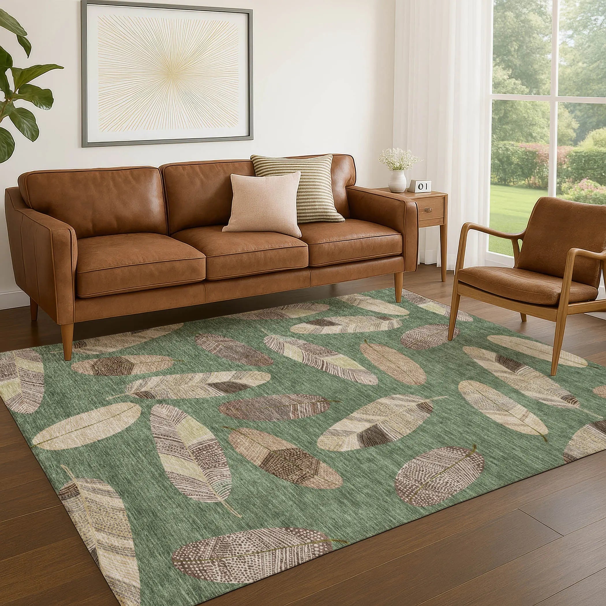 5' X 8' Green And Ivory Botanical Leaves Washable Indoor Outdoor Area Rug Homeroots Outdoor