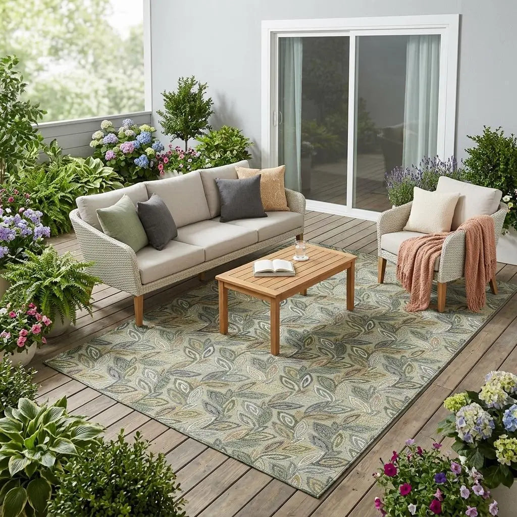 5' X 8' Green And Ivory Botanical Leaves Washable Indoor Outdoor Area Rug Homeroots Outdoor