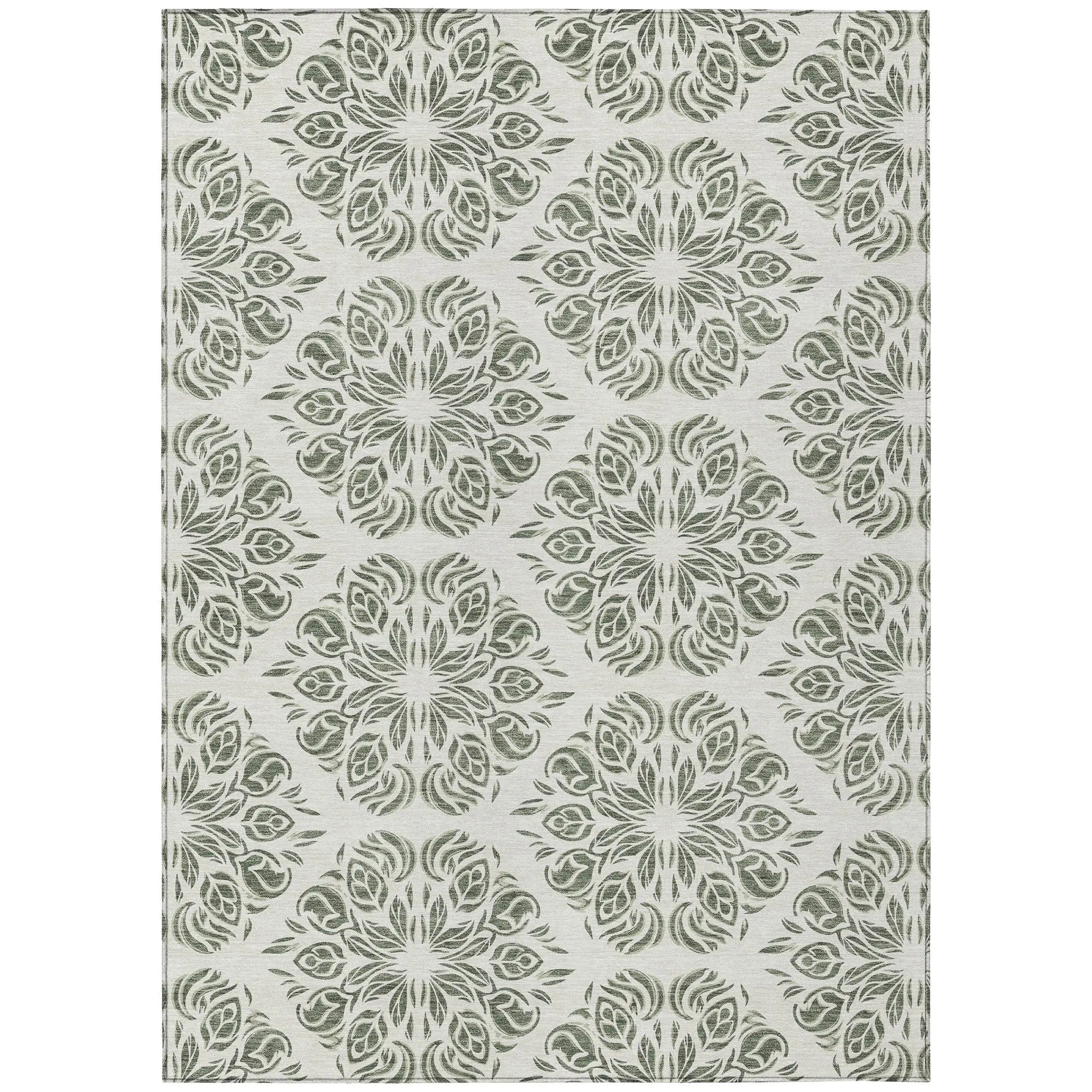 5' X 8' Green And Ivory Damask Washable Indoor Outdoor Area Rug Homeroots Outdoor