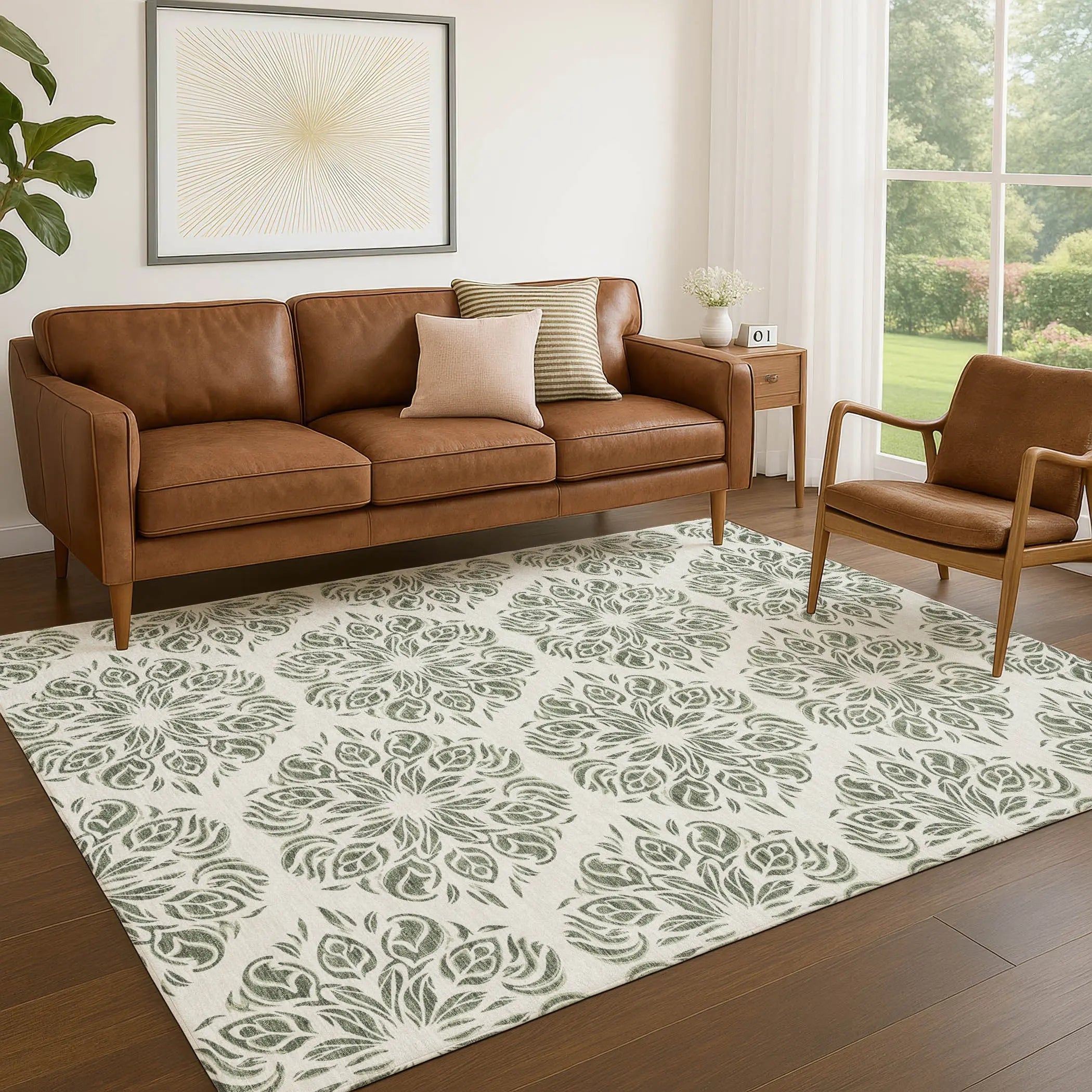 5' X 8' Green And Ivory Damask Washable Indoor Outdoor Area Rug Homeroots Outdoor