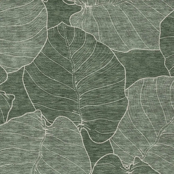 Green leaf-patterned fabric with white outlines, ideal for curtains or upholstery, adding a nature-inspired touch.