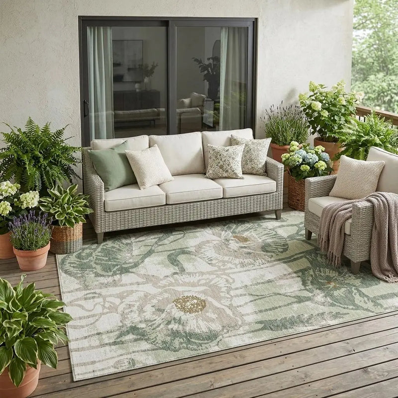 5' X 8' Green And Ivory Floral Washable Indoor Outdoor Area Rug Homeroots Outdoor