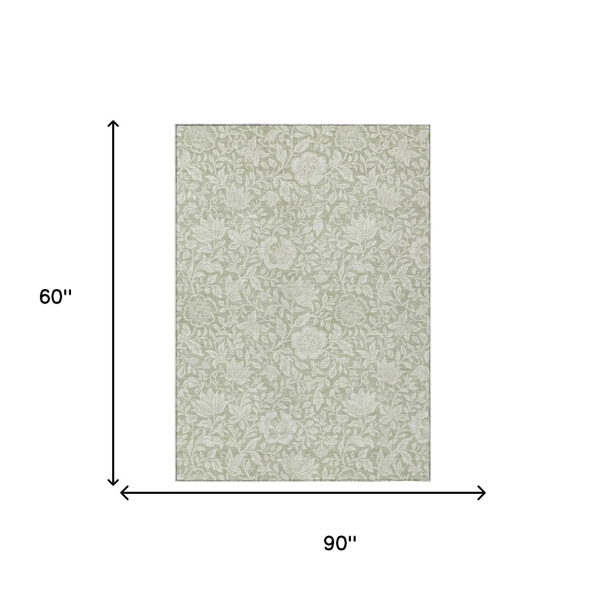 5' X 8' Green And Ivory Floral Washable Indoor Outdoor Area Rug Homeroots Outdoor