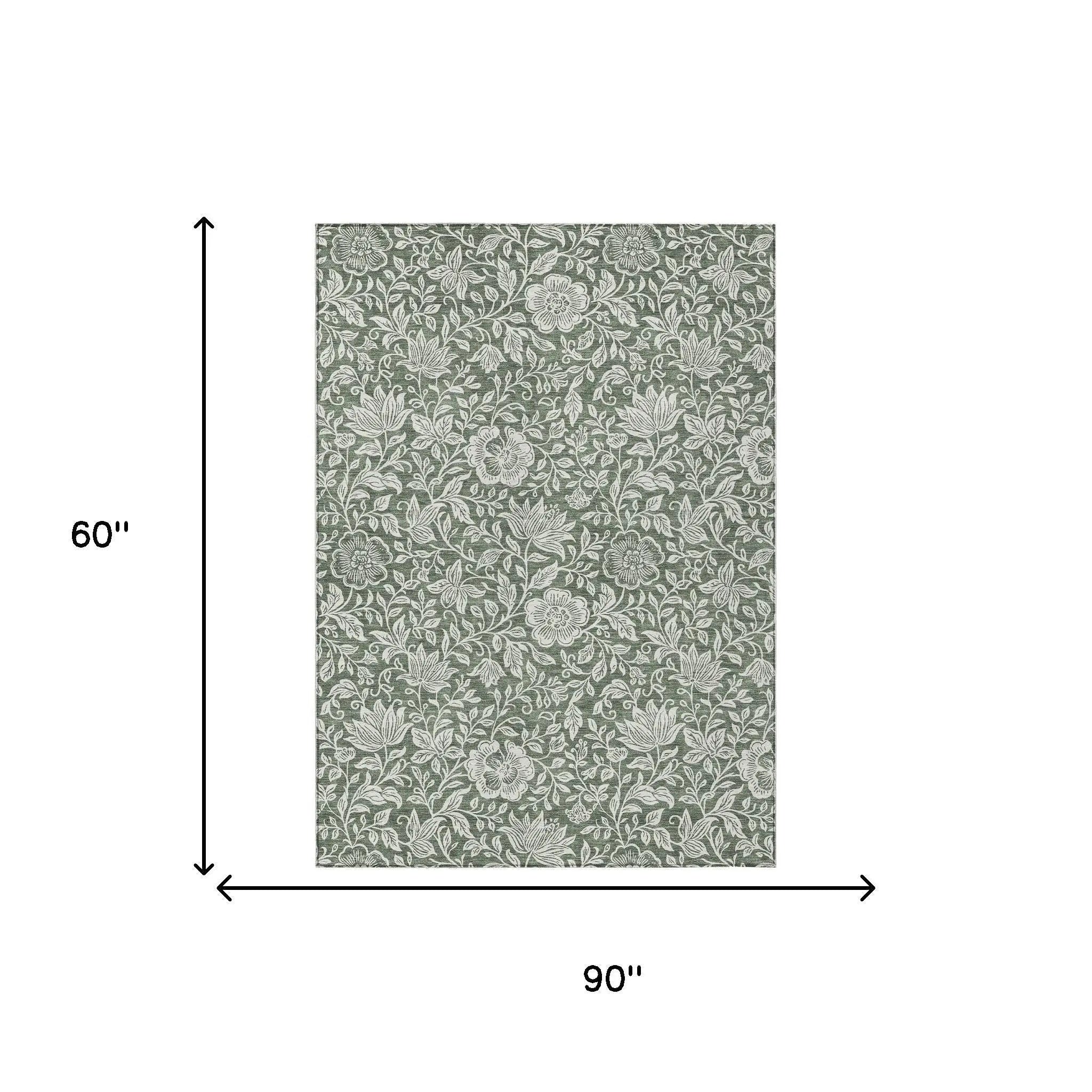 5' X 8' Green And Ivory Floral Washable Indoor Outdoor Area Rug Homeroots Outdoor
