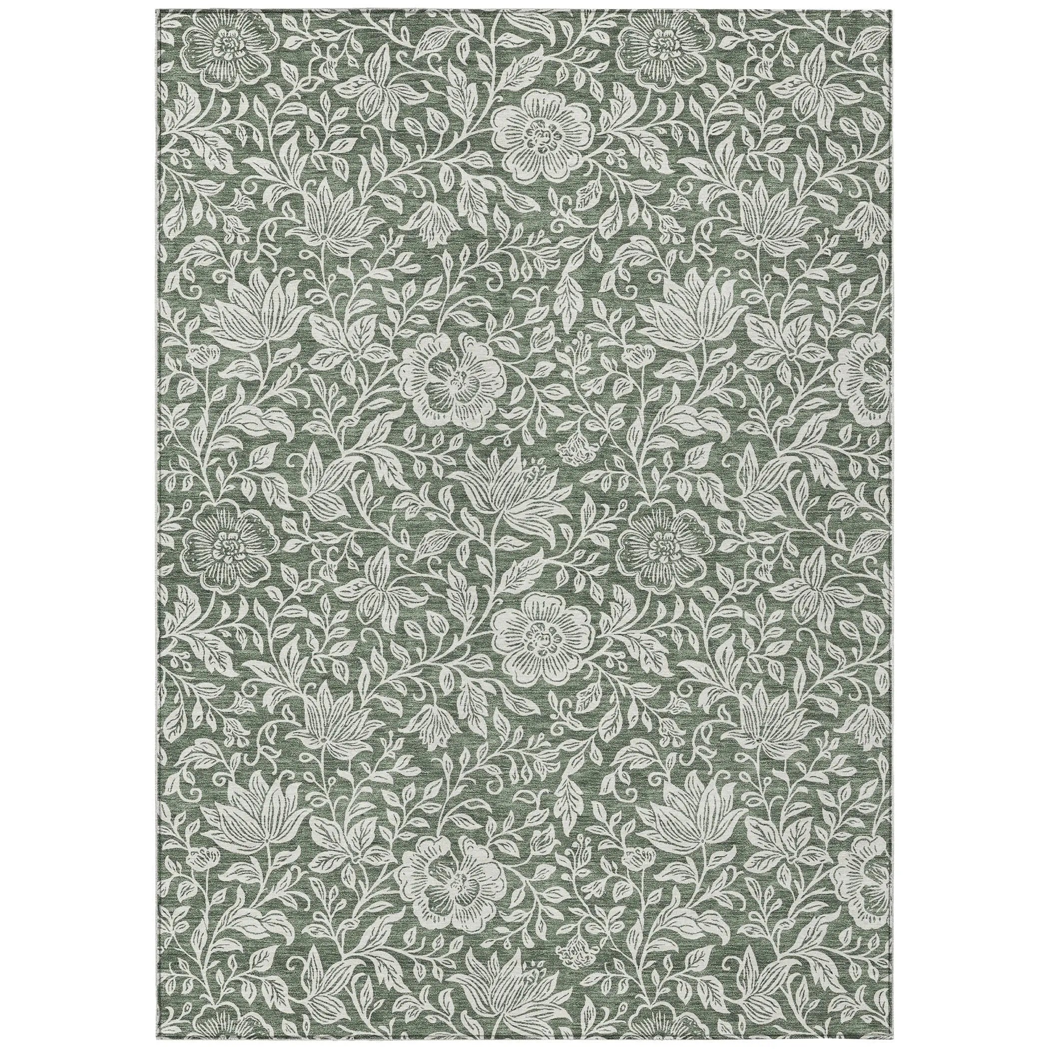 5' X 8' Green And Ivory Floral Washable Indoor Outdoor Area Rug Homeroots Outdoor