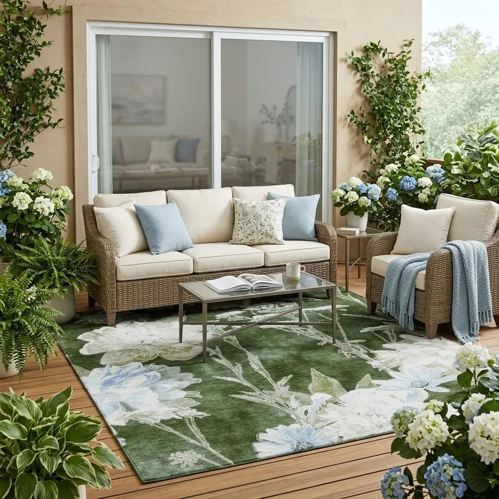 5' X 8' Green And Ivory Floral Washable Indoor Outdoor Area Rug Homeroots Outdoor