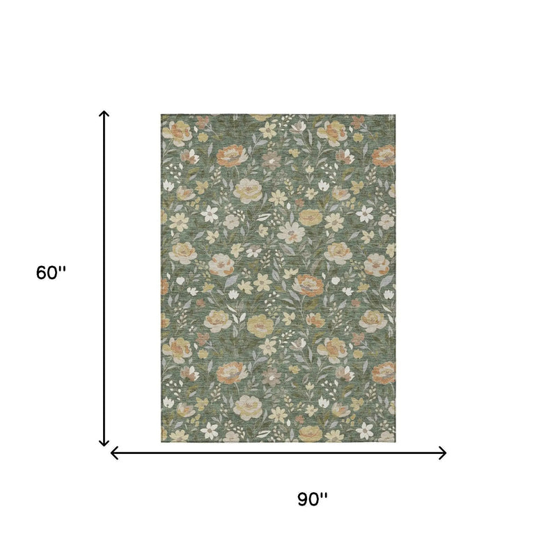5' X 8' Green And Ivory Floral Washable Indoor Outdoor Area Rug Homeroots Outdoor