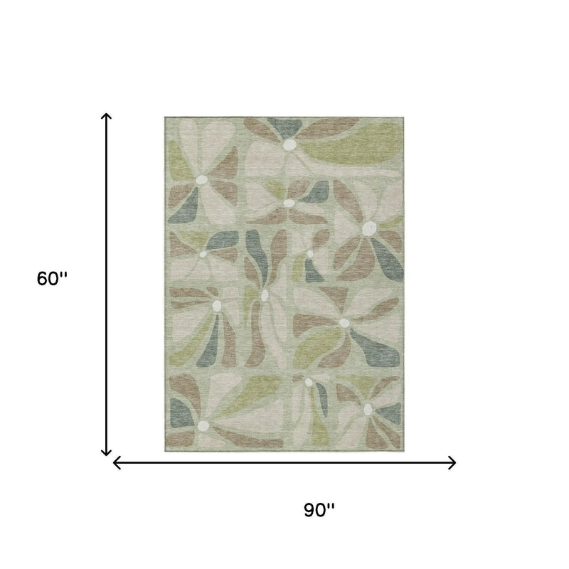 5' X 8' Green And Ivory Floral Washable Indoor Outdoor Area Rug Homeroots Outdoor