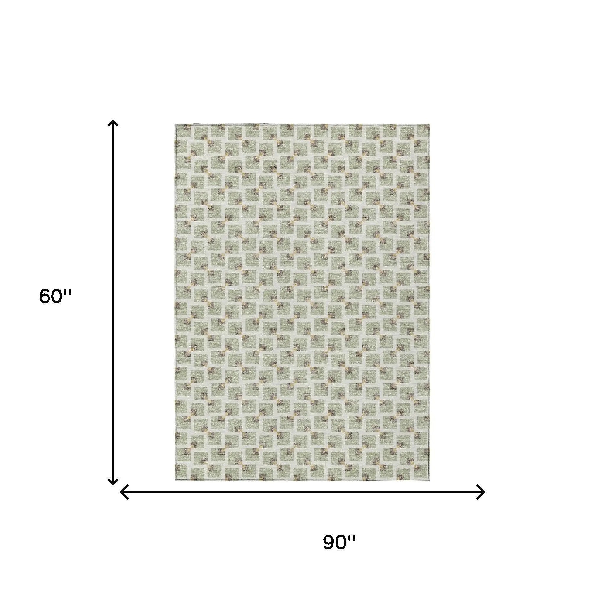 5' X 8' Green And Ivory Geometric Washable Indoor Outdoor Area Rug Homeroots Outdoor