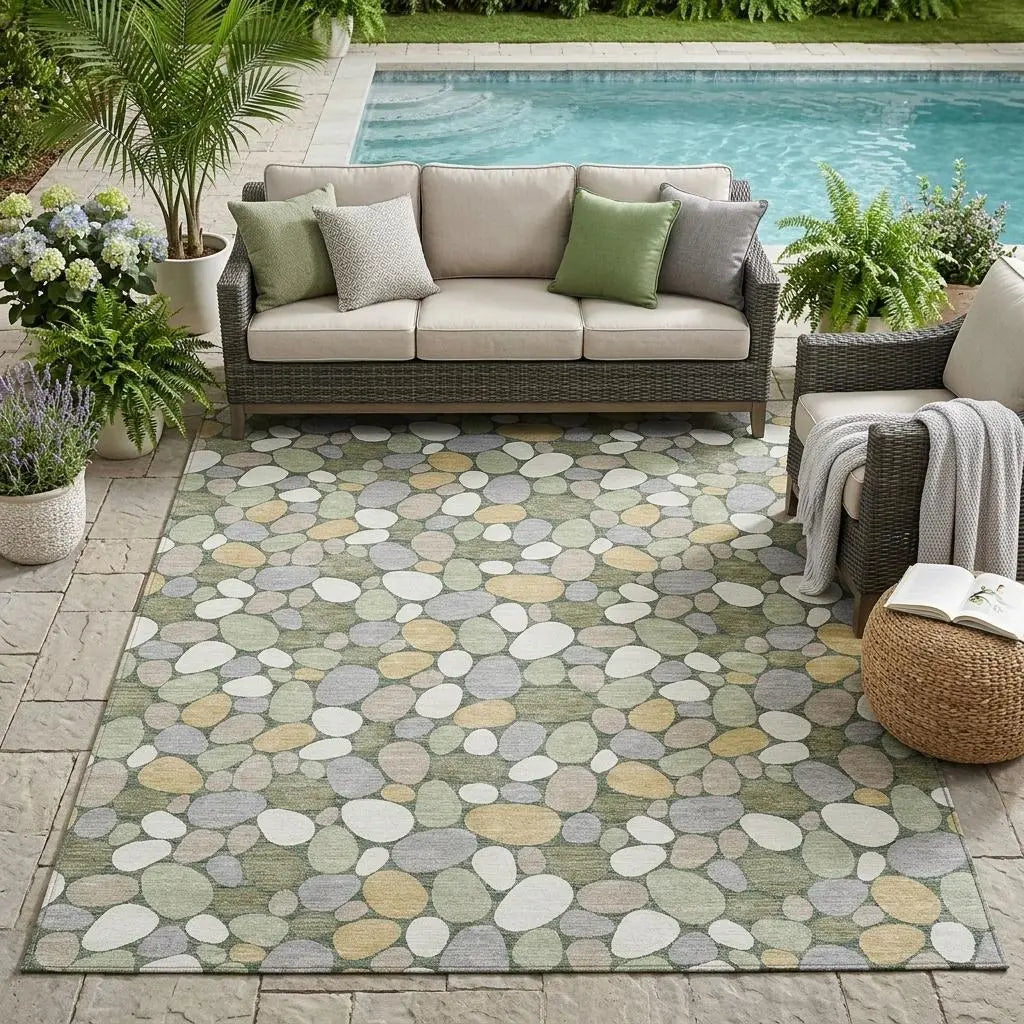 5' X 8' Green And Ivory Geometric Washable Indoor Outdoor Area Rug Homeroots Outdoor