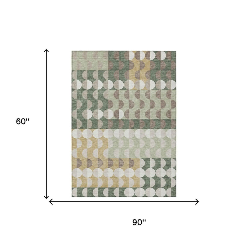 5' X 8' Green And Ivory Geometric Washable Indoor Outdoor Area Rug Homeroots Outdoor
