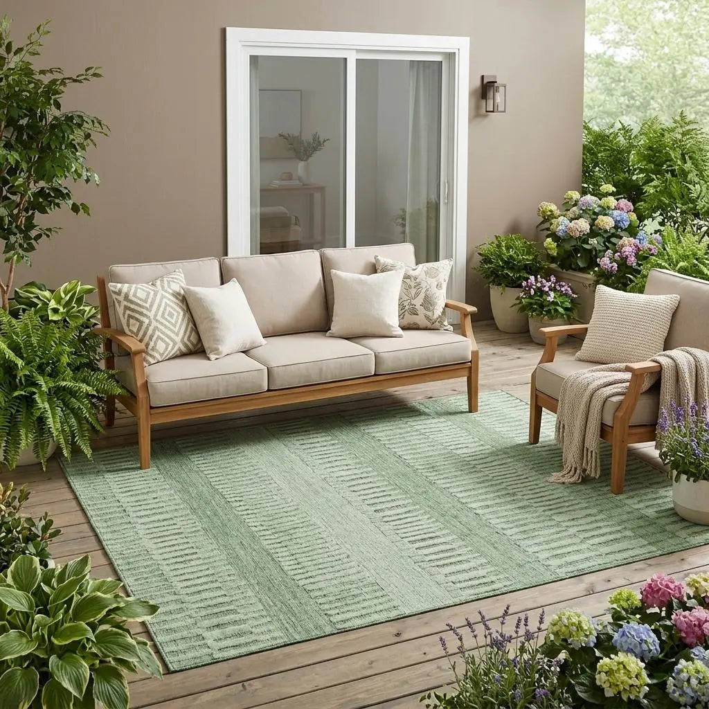 5' X 8' Green And Ivory Striped Washable Indoor Outdoor Area Rug Homeroots Outdoor