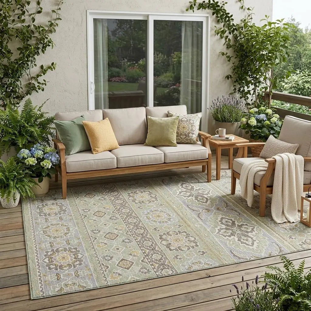 5' X 8' Green And Ivory Tribal Washable Indoor Outdoor Area Rug Homeroots Outdoor