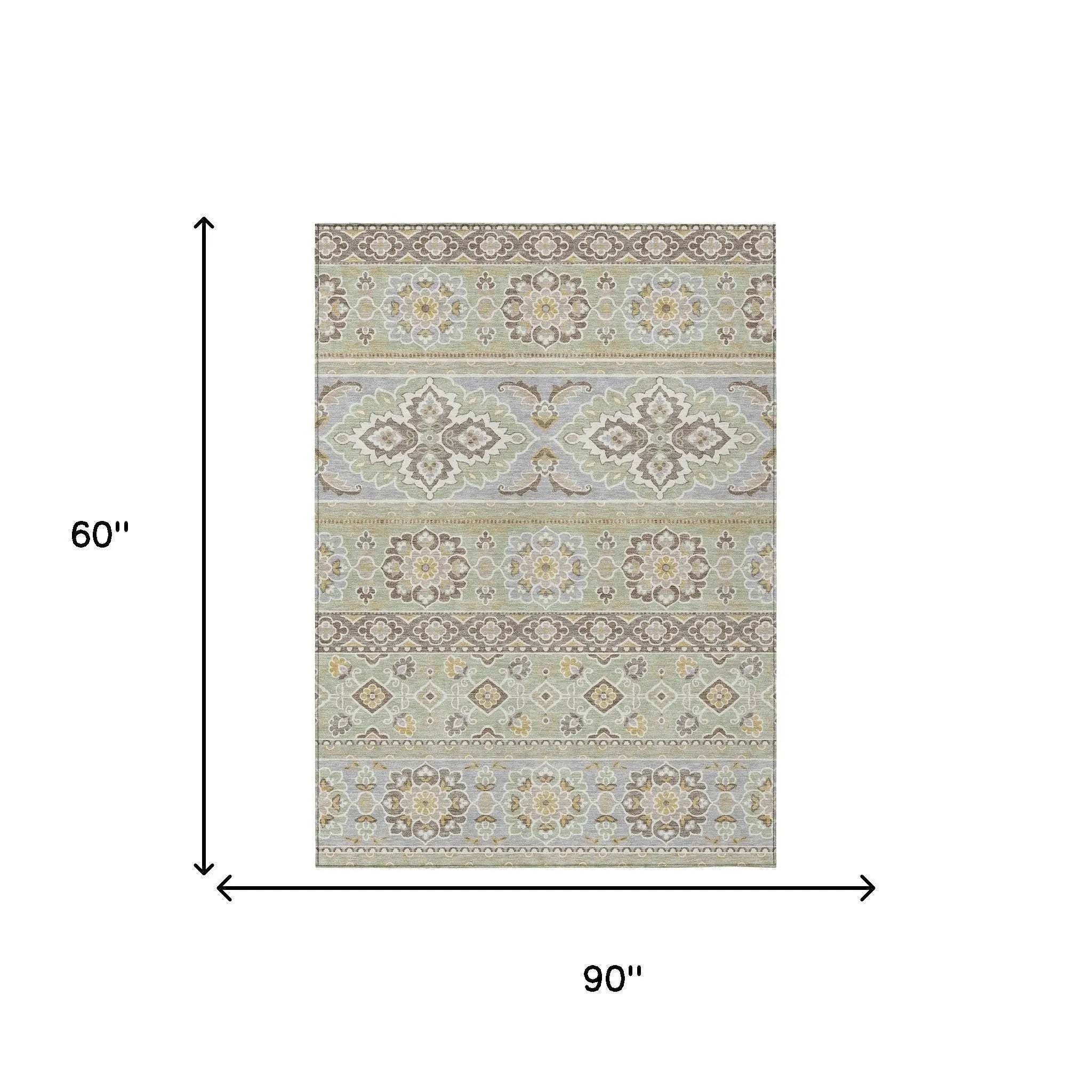 5' X 8' Green And Ivory Tribal Washable Indoor Outdoor Area Rug Homeroots Outdoor
