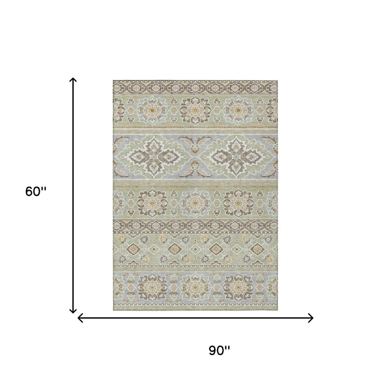 5' X 8' Green And Ivory Tribal Washable Indoor Outdoor Area Rug Homeroots Outdoor