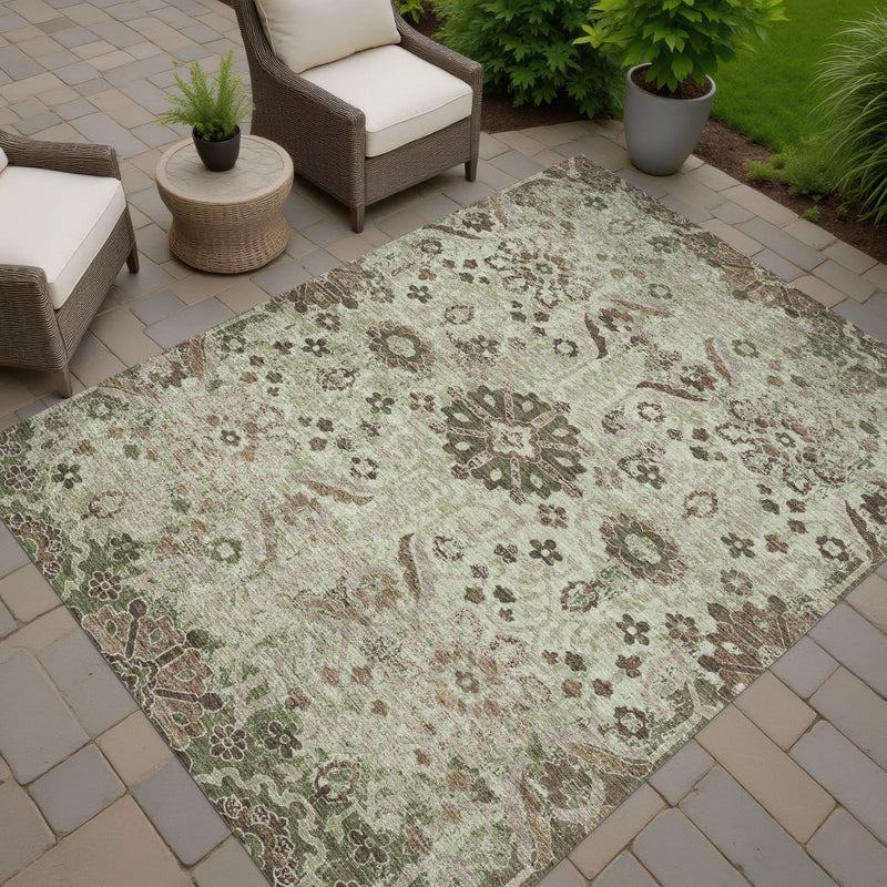 5' X 8' Green And Khaki Damask Washable Indoor Outdoor Area Rug Homeroots Outdoor