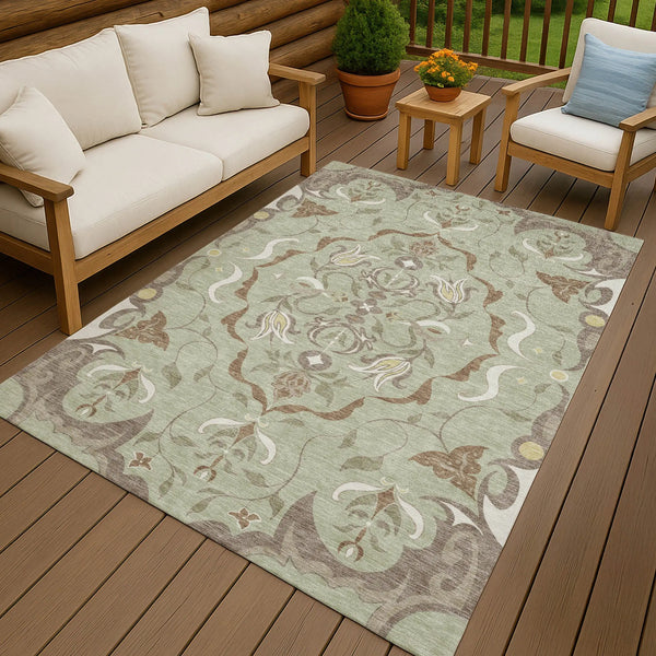 5' X 8' Green And Khaki Damask Washable Indoor Outdoor Area Rug Homeroots Outdoor