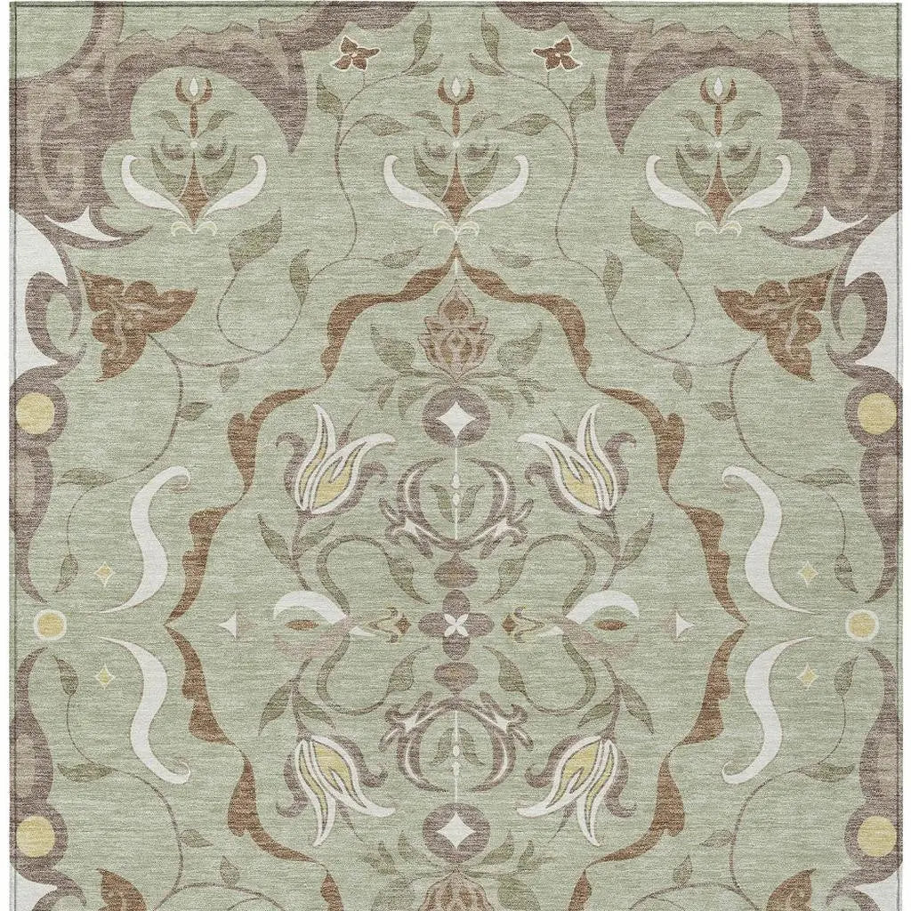 5' X 8' Green And Khaki Damask Washable Indoor Outdoor Area Rug Homeroots Outdoor