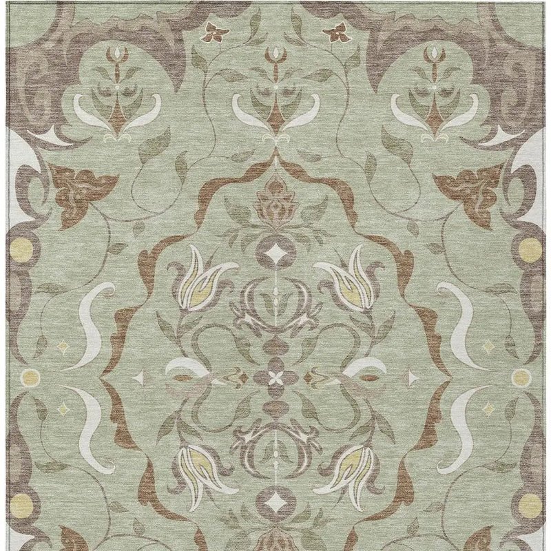 5' X 8' Green And Khaki Damask Washable Indoor Outdoor Area Rug Homeroots Outdoor