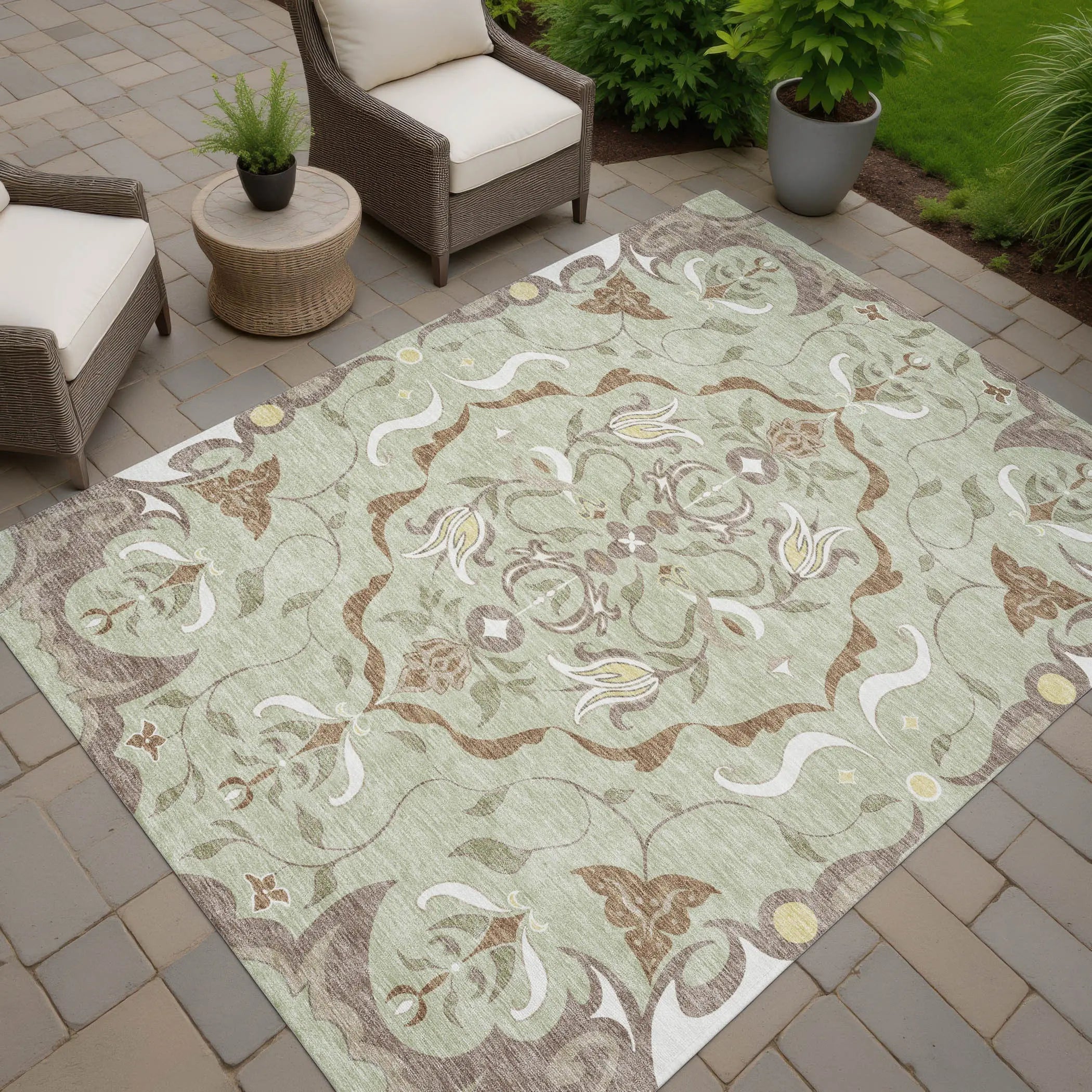 5' X 8' Green And Khaki Damask Washable Indoor Outdoor Area Rug Homeroots Outdoor