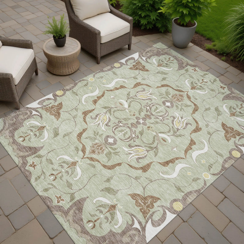 5' X 8' Green And Khaki Damask Washable Indoor Outdoor Area Rug Homeroots Outdoor