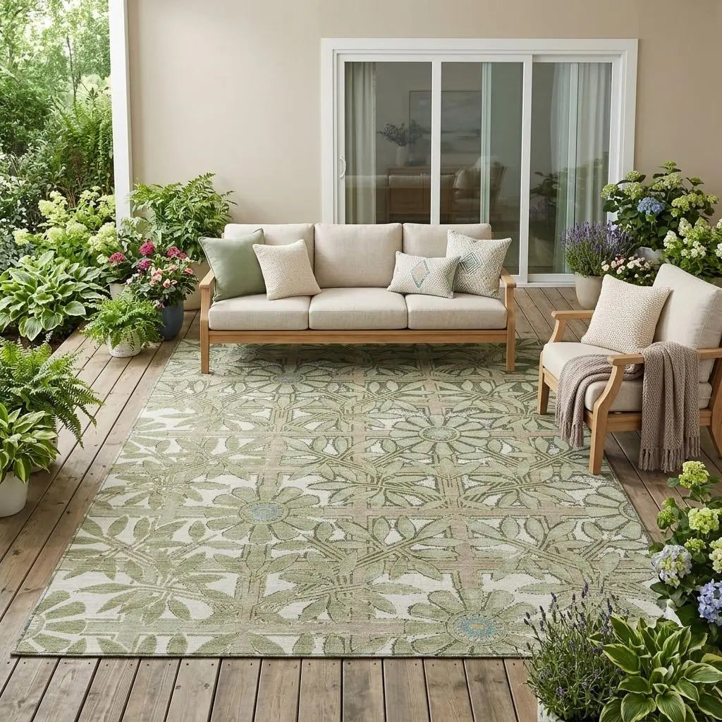 5' X 8' Green And Khaki Floral Washable Indoor Outdoor Area Rug Homeroots Outdoor